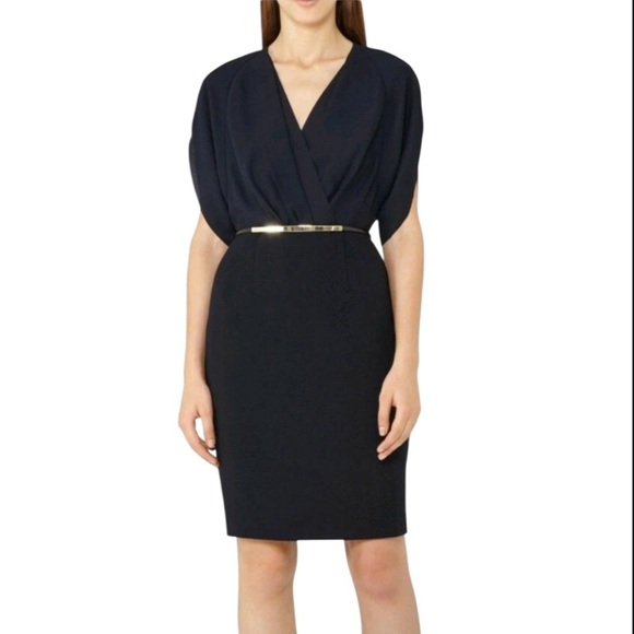 REISS Lyon Knee Length Laser Cut Open Back Navy Blue Sheath Dress Sz 6 Office - Picture 3 of 14